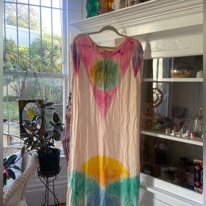 Hand painted silk kaftan by local artist, Rainbow Kimono, sun, moon